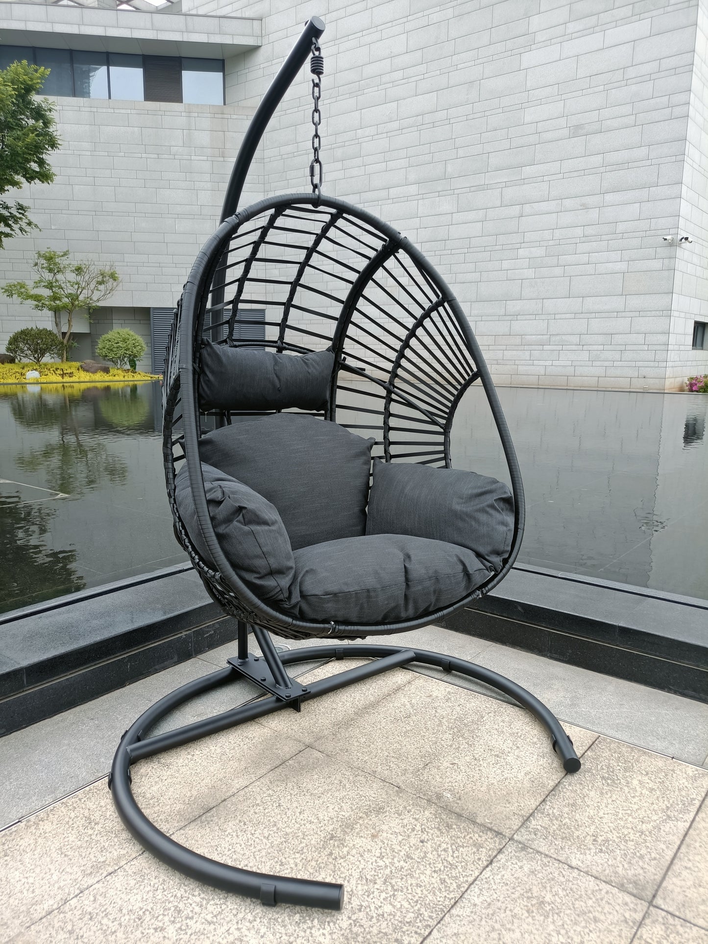 Outdoor Indoor PE Wicker Swing Egg Chair With Metal Base And Foam Cushion 41.8 In Long 46.5 In Wide Black