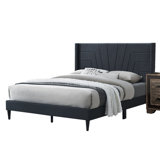 Chic Charcoal Queen Size Platform Bed with Elegant Burlap Fabric Headboard