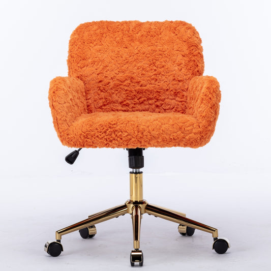 Orange Upholstered Home Office Chair with Golden Base - Adjustable Swivel Vanity Chair Featuring Artificial Rabbit Hair and Reclining Chassis
