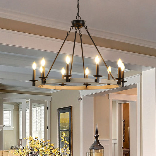 10-Light Rustic Farmhouse Round Chandelier for Dining, 31.5-in Dia, Iron & Wood, E12 Base - Matte Black