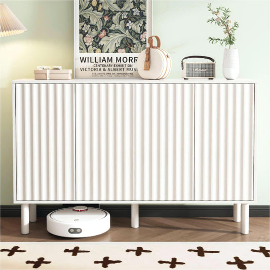 ON-TREND Minimalist Shoe Cabinet with 5 Solid Wood Legs, Cream Style Sideboard Buffet Cabinet with Fluted Doors, Large 4-Door Storage Cabinet with Adjustable Shelves for Living Room, White, 55.1*13.7"