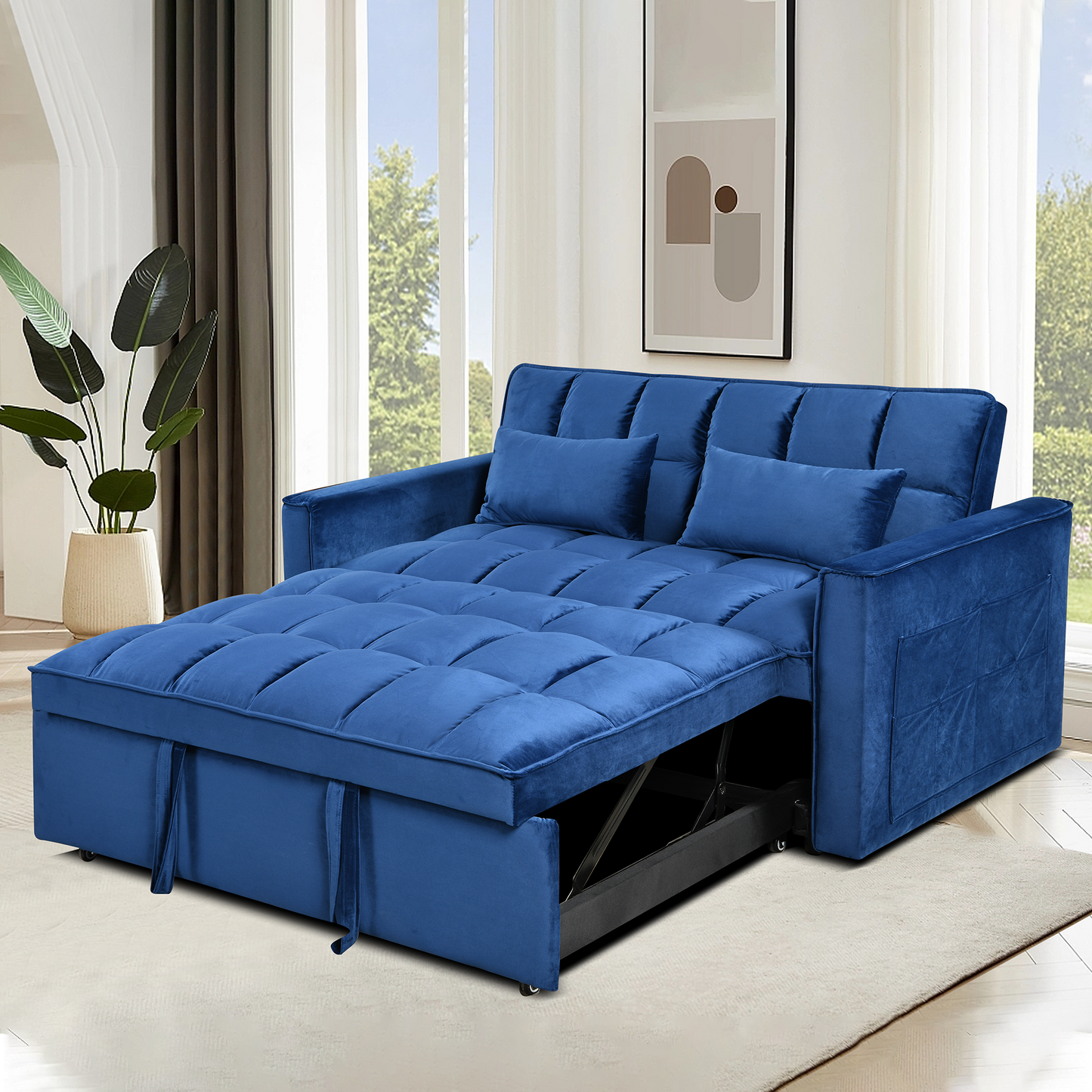 3-in-1 Velvet Loveseat Futon with Pull-Out Bed, Small Reclining Sofa, Storage Pockets Sleeper Blue