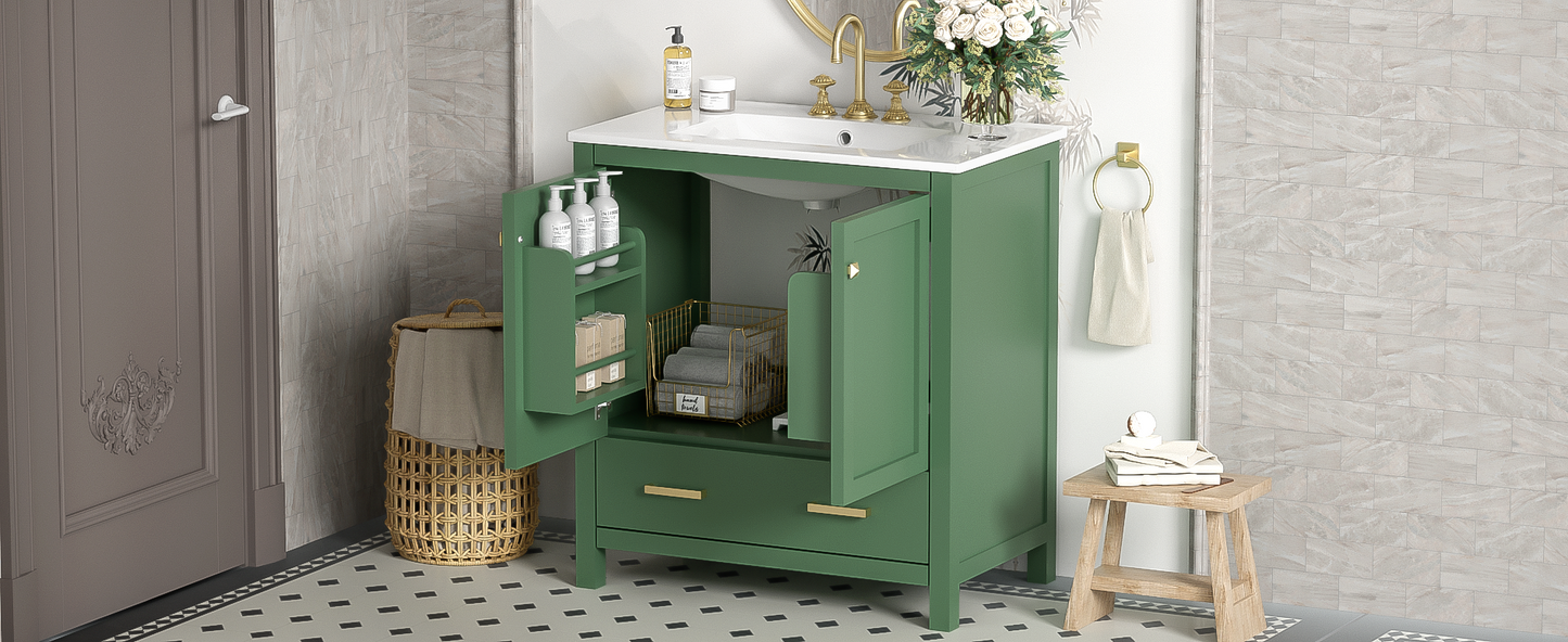 30" Elegant Green Bathroom Storage Vanity with Integrated Undermount Sink and Soft-Close Features