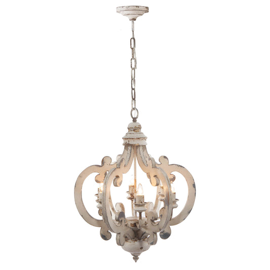 French Country 6-Light Wood Chandelier with Adjustable Chain, Bulbs Not Included, Whitewashed Beige