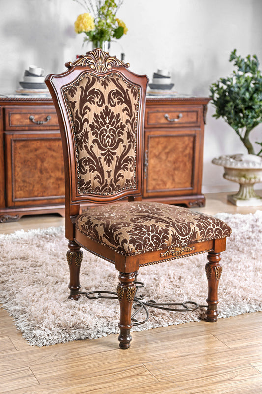2-Pack Traditional Dining Chairs - Solid Wood, Carved Back, Floral Fabric Seats, Dining Room Brown Cherry
