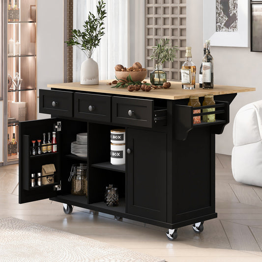 Black Kitchen Island Cart with Drop-Leaf Rubber Wood Top, Storage Cabinet, and Rolling Wheels
