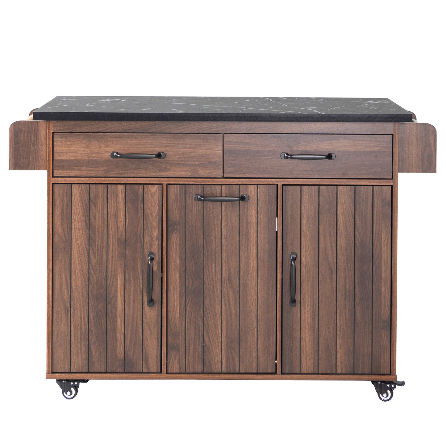 Walnut Brown Rolling Kitchen Island with Drop Leaf, Trash Can Storage, Spice & Towel Racks, and Adjustable Shelves