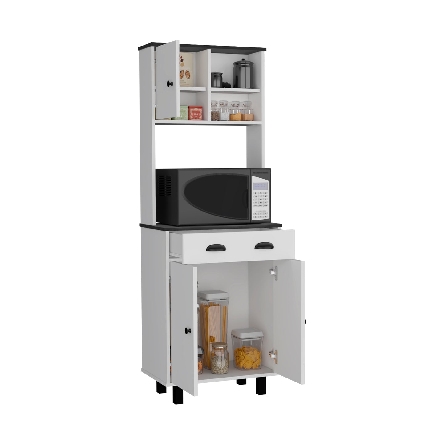 Modern Multicolor Kitchen Pantry with Cabinets, Open Shelves, and Drawer