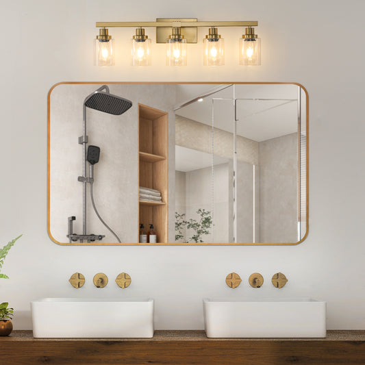 Five-Bulb Vanity Light with Clear Glass Shades Wall Fixture for Bathroom Bulbs Not Included Gold Finish