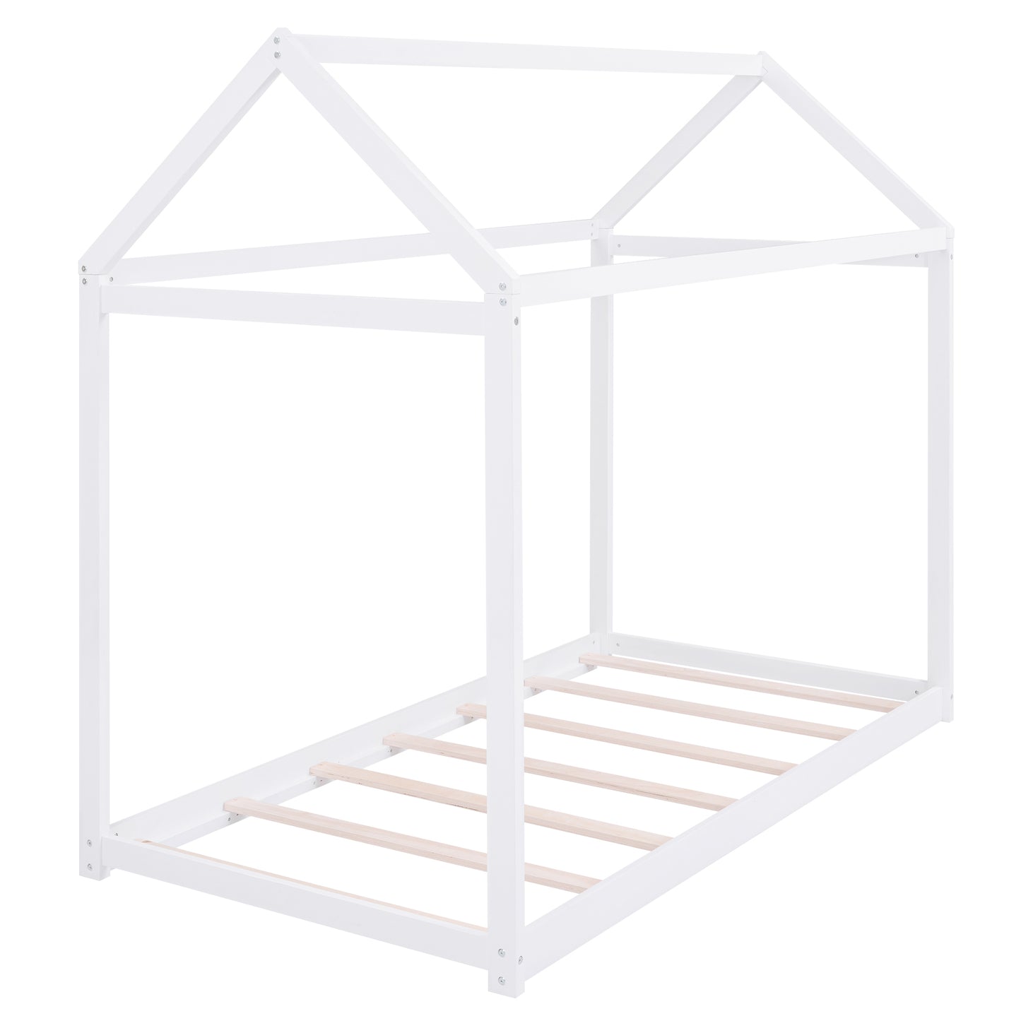 White Twin Size Pine Wood House Bed for Kids