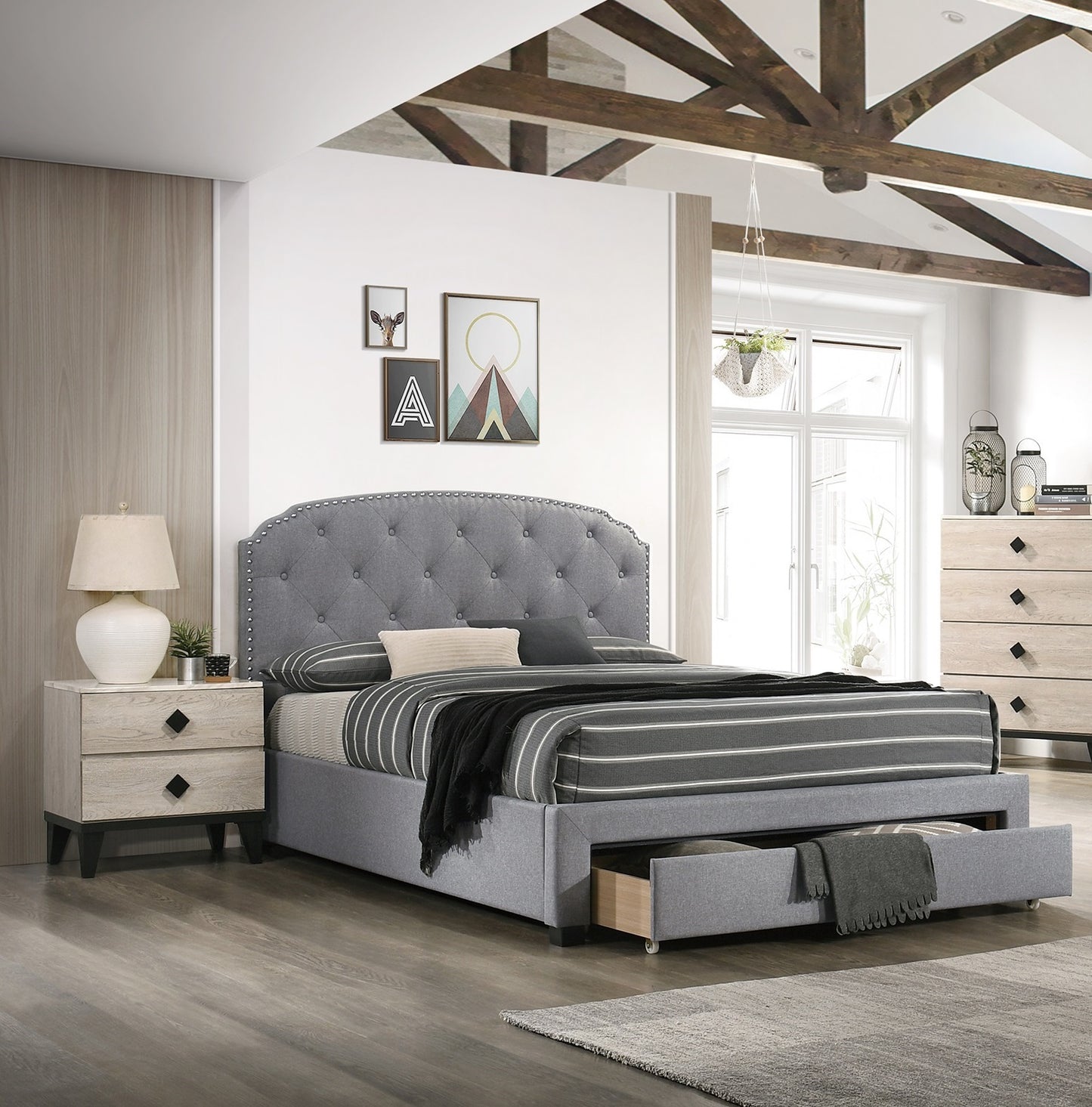 Light Grey Upholstered Twin Bed Frame with Storage Drawer and Button Tufted Headboard
