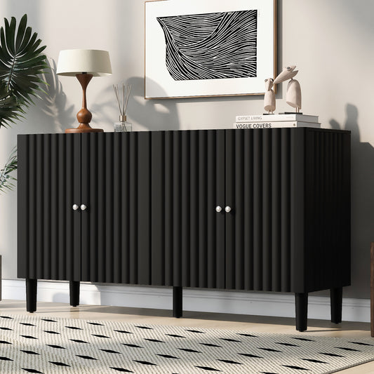 U_STYLE Elegant Four-Door Sideboard with Wavy Pattern Doors, Cylindrical Legs, and Sleek Metal Handles, Adjustable, Suitable for Study, Entryway and Living Room