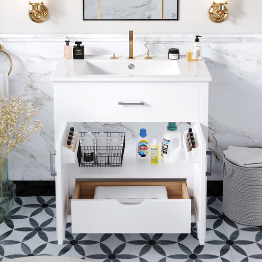Elegant 30-Inch White Bathroom Vanity with Ceramic Sink and Ample Storage for Compact Spaces
