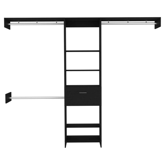 Manchester 250 Modern Closet Organizer with Five Shelves, One Drawer, and Three Metal Hanging Rods - Black