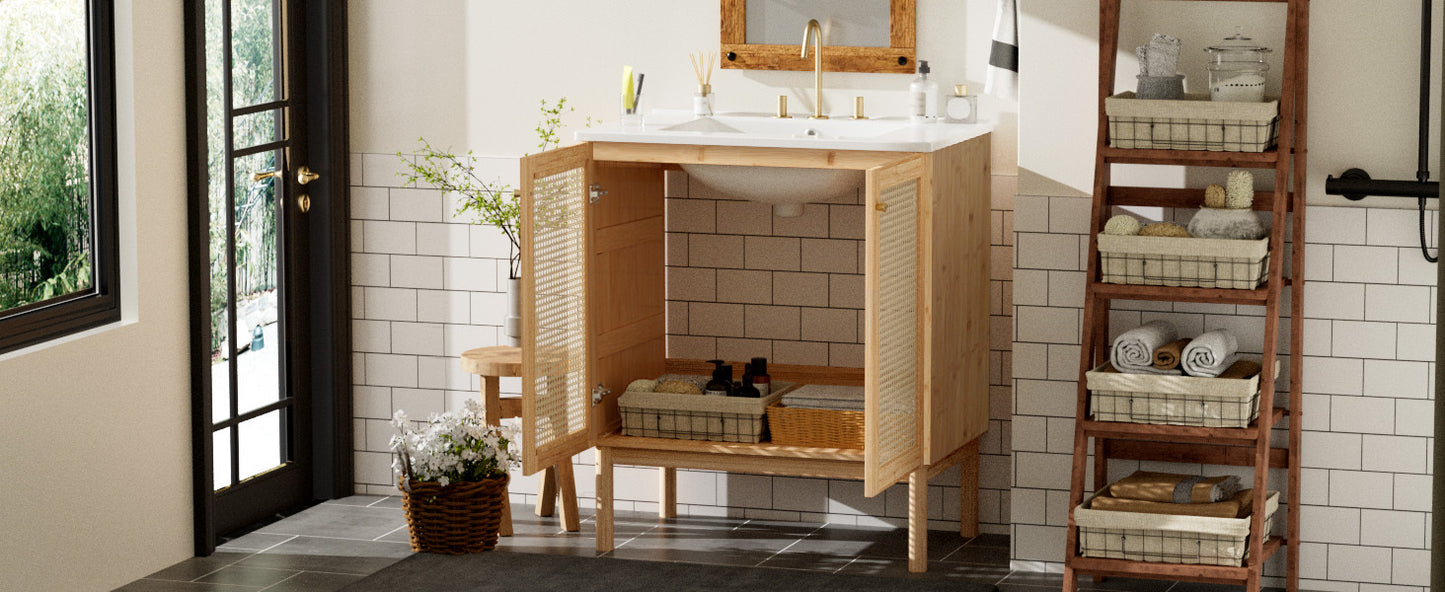 Elegant 30-Inch Natural Bamboo Bathroom Vanity with Artisanal Rattan Doors and Soft-Close Mechanism