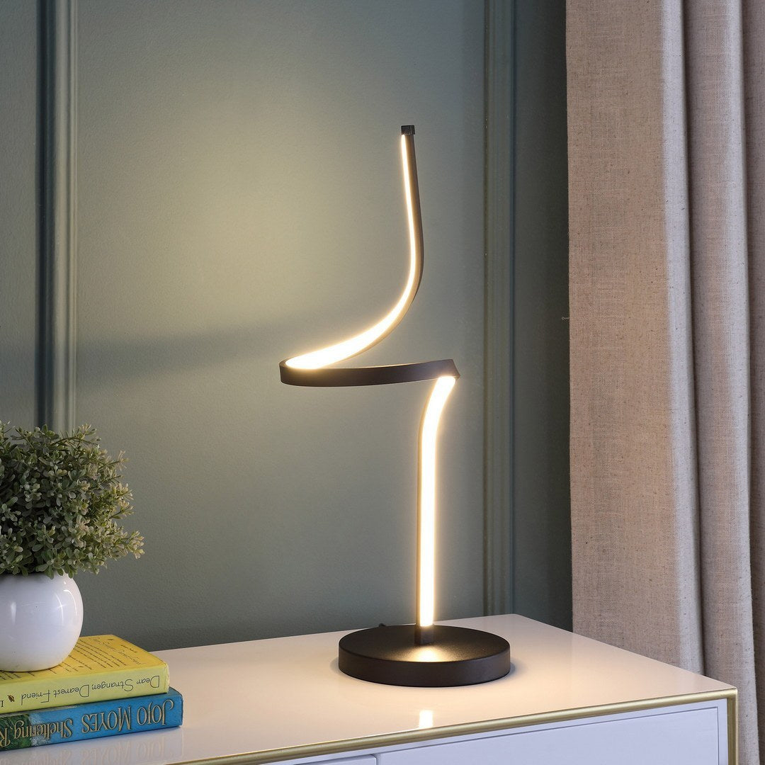 22-In LED Spiral Curved Tube Table Lamp with Built-In 10W LED, Inline On/Off Switch, Matte Black