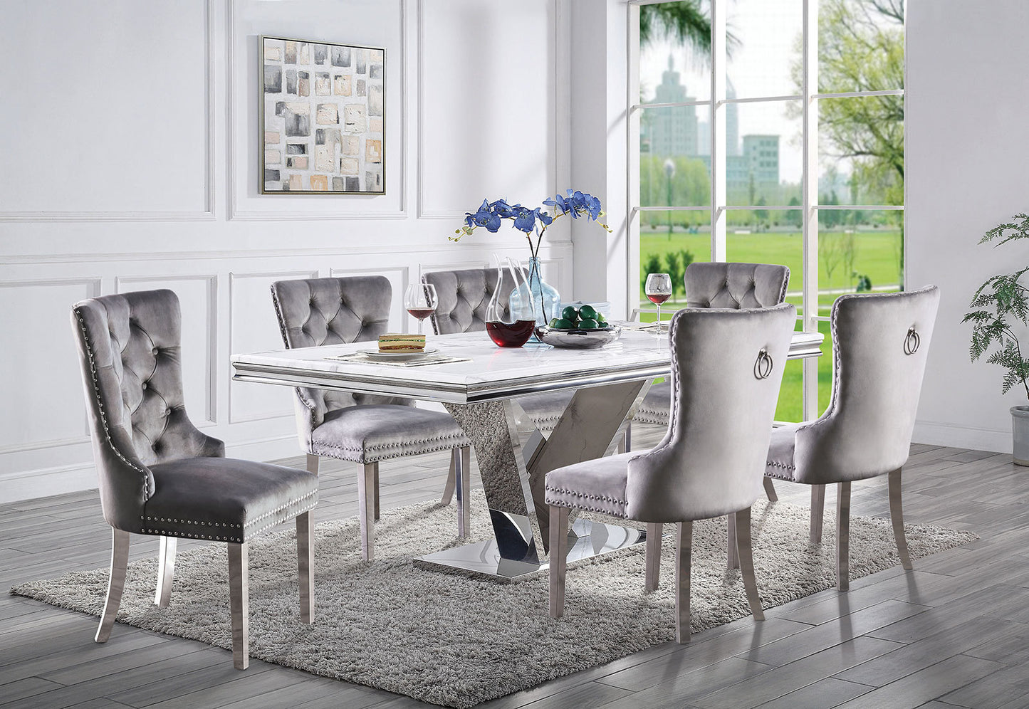 Set of 2 Wingback Dining Chairs, Flannelette Upholstered, Button-Tufted, Chrome Legs, Gray