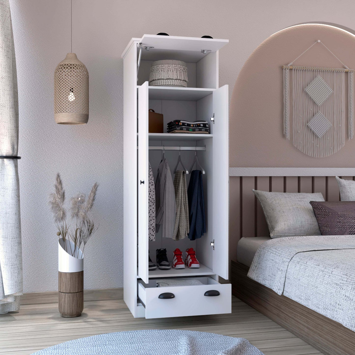 Dresser-closet with upper storage covered with 1 door, 2 central shelves, 1 tube for hanging clothes covered by 2 doors, 1 drawer at the bottom, White