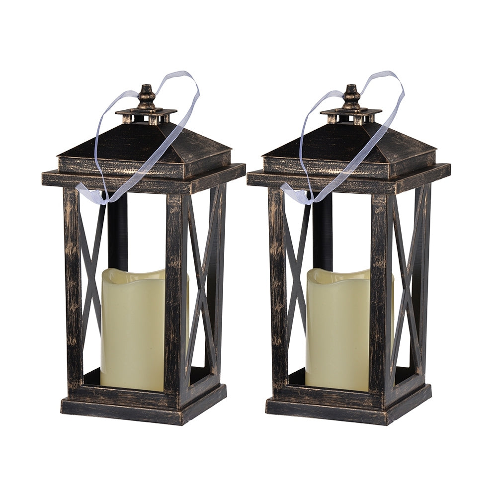 Set of 2 Plastic Lanterns with LED Candle, Tall 11 in, 5x5 Base, Battery-Operated, Antique Black