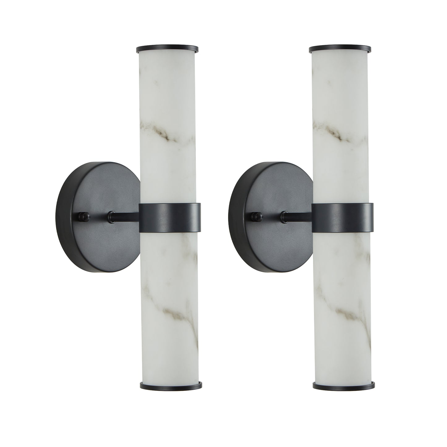 2-Pack Faux Marble Resin Wall Sconces – Indoor Hallway, Bathroom, Bedroom Lighting, Black Iron Finish