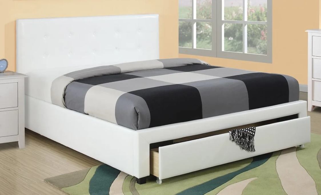 Elegant White Queen Size Bed with Faux Leather Upholstery and Under Bed Storage