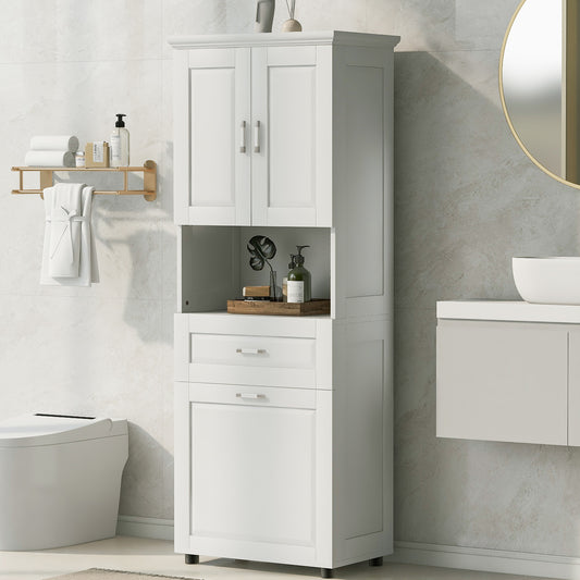 White Tall Storage Cabinet with Tilt-Out Laundry Hamper and Upper Shelves