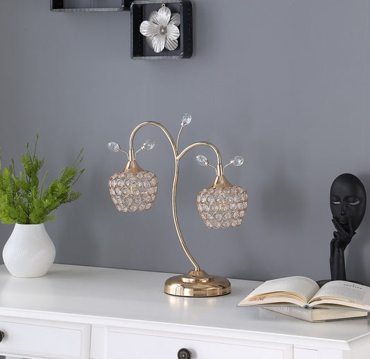 Glam 17.25-Inch Metal Table Lamp with 2-Floral Bell Cage, Beaded Shade, G9 2x40W, 62.5in Cord, Rose Gold