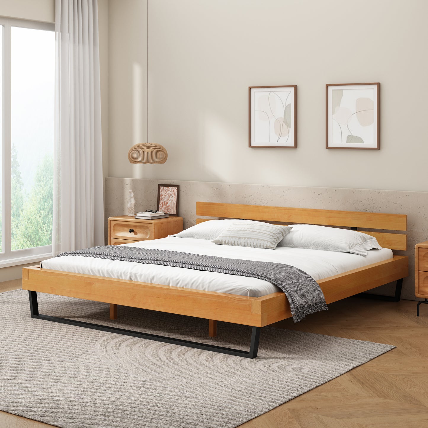 King Size Pine Wood Bed Frame with Iron and Plywood, Industrial Platform Bed for Bedroom Natural Black