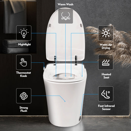Ultimate Luxury Bidet Toilet with Warm Water Dryer, Heated Seat, Remote Control, LED Night Light, and Smart Flushing Technology