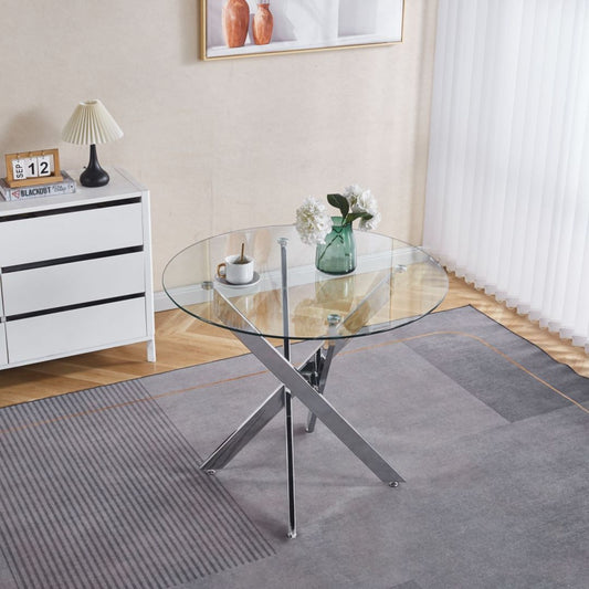 Dining Table With Tempered Glass And Cross Metal Legs Chrome