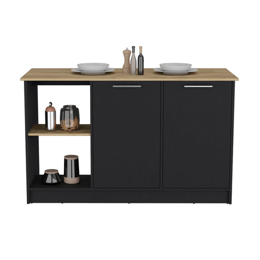 Spacious Black and Macadamia Kitchen Island with Open Shelves and Double Door Storage