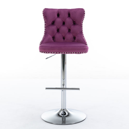 Purple Velvet Swivel Bar Stools Adjustable 25-33 Set Of 2