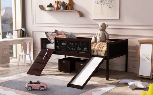 Espresso Twin Loft Bed with Slide and Storage Bins
