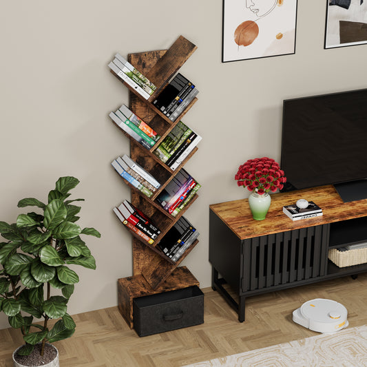 9-Tier Rustic Tree-Shaped Bookshelf with Drawer, Modern Free-Standing Organizer for Home Office and Living Room