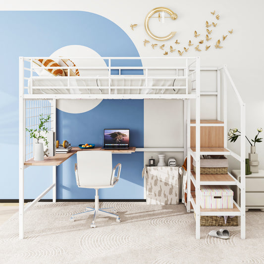 Stylish Full Size Metal Loft Bed with Integrated Desk and Storage Solutions in White