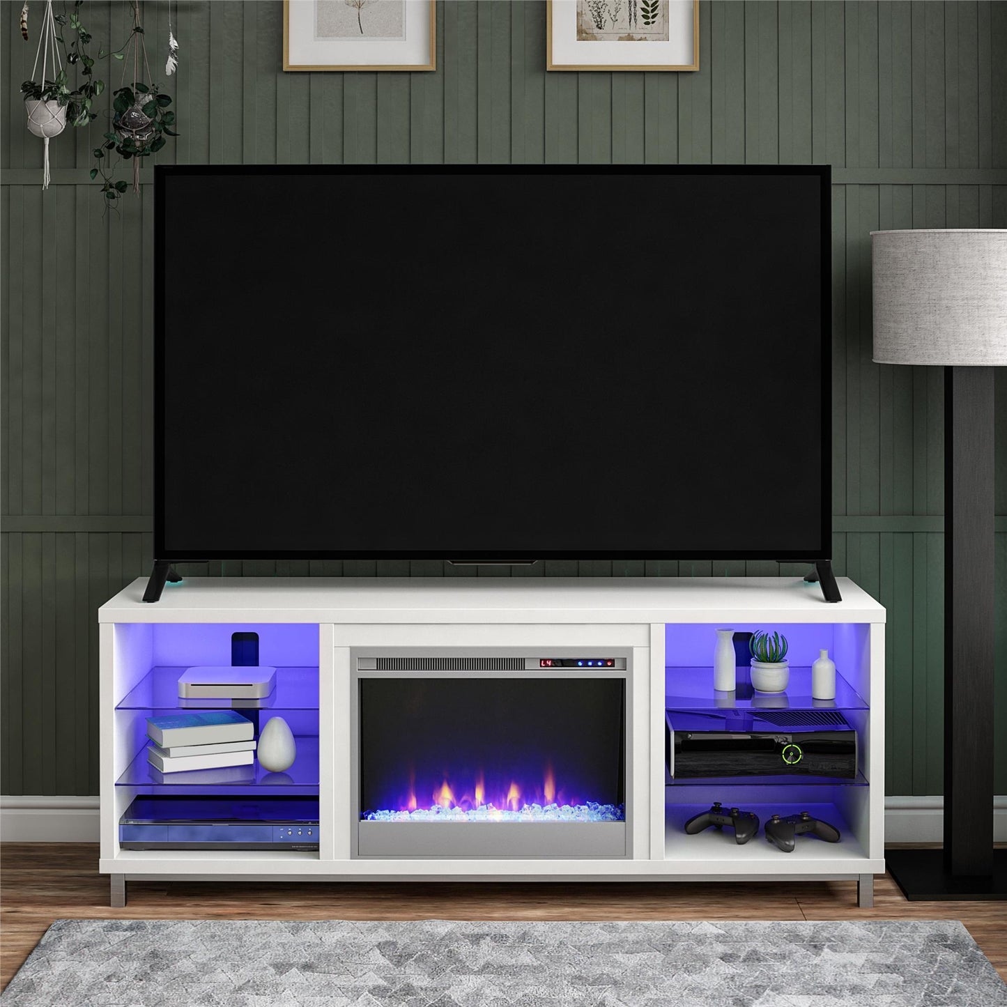 Electric Fireplace TV Stand for 70-Inch TVs, Modern 6-Shelves Media Console, Remote Included, White