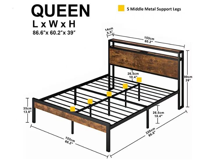 Elegant Queen Size Metal Platform Bed Frame with Wooden Accents, USB Charging, No Box Spring Needed, Spacious Under-Bed Storage, Quick Assembly