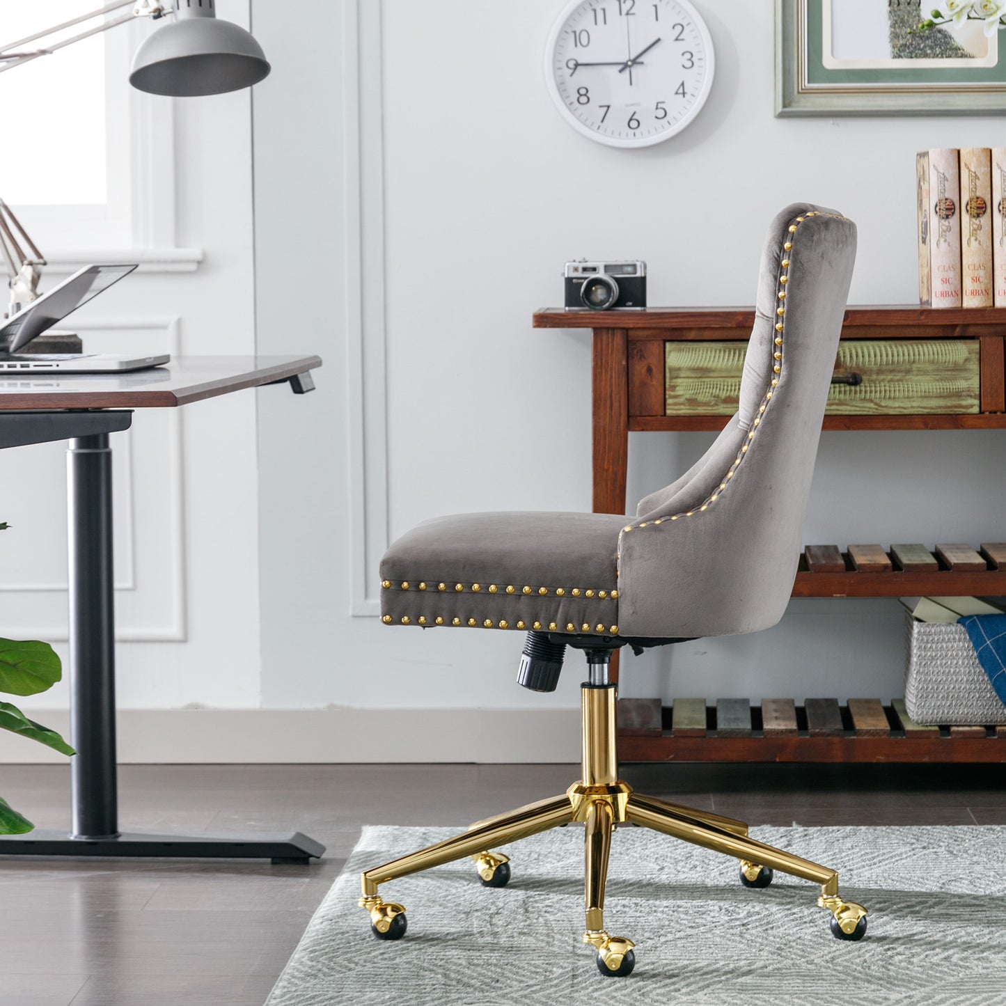 Luxurious Gray Velvet Tufted Home Office Chair with Gold Metal Base, Adjustable Swivel Design