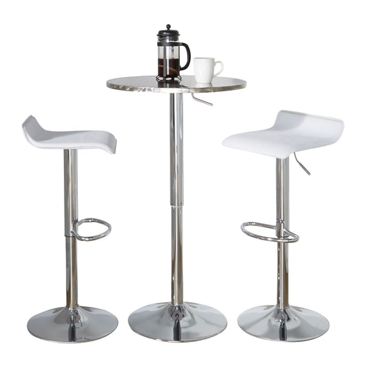 Round Bistro Adjustable 3-Piece Bar Set for Home Bar with Oval Footrest, Metal PVC, Silver Chrome