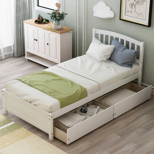 Elegant White Twin Platform Bed with Storage Drawers and Headboard