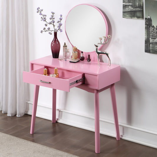 Contemporary Wood Vanity and Stool Set with Storage Drawers, Makeup Table for Bedroom, 2-Piece Pink