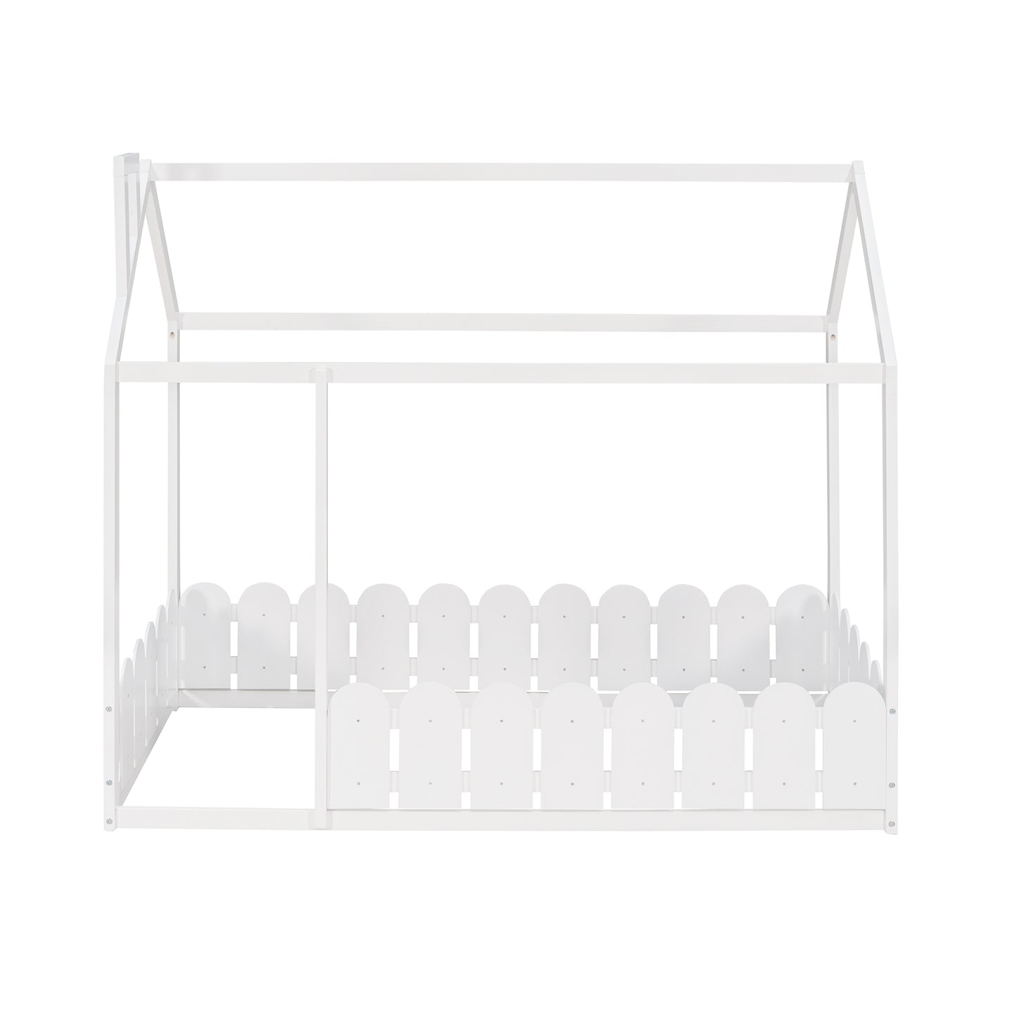 Twin Size Wooden House Bed Frame with Fence - Creative Sleep & Play Space for Kids, Teens, and Children - White Finish