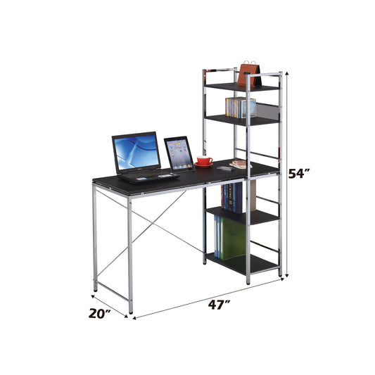 Modern Black & Chrome Industrial Writing Desk with Open Shelving
