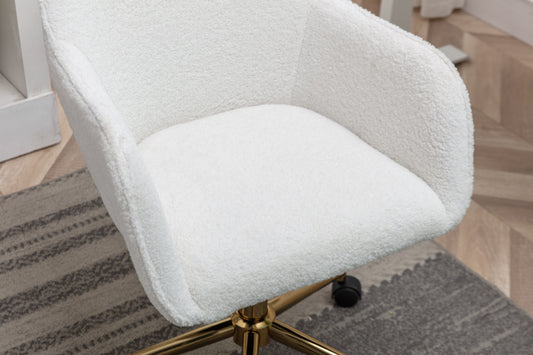 Elegant White Teddy Fabric Home Office Chair with Gold Metal Legs and 360° Swivel Function