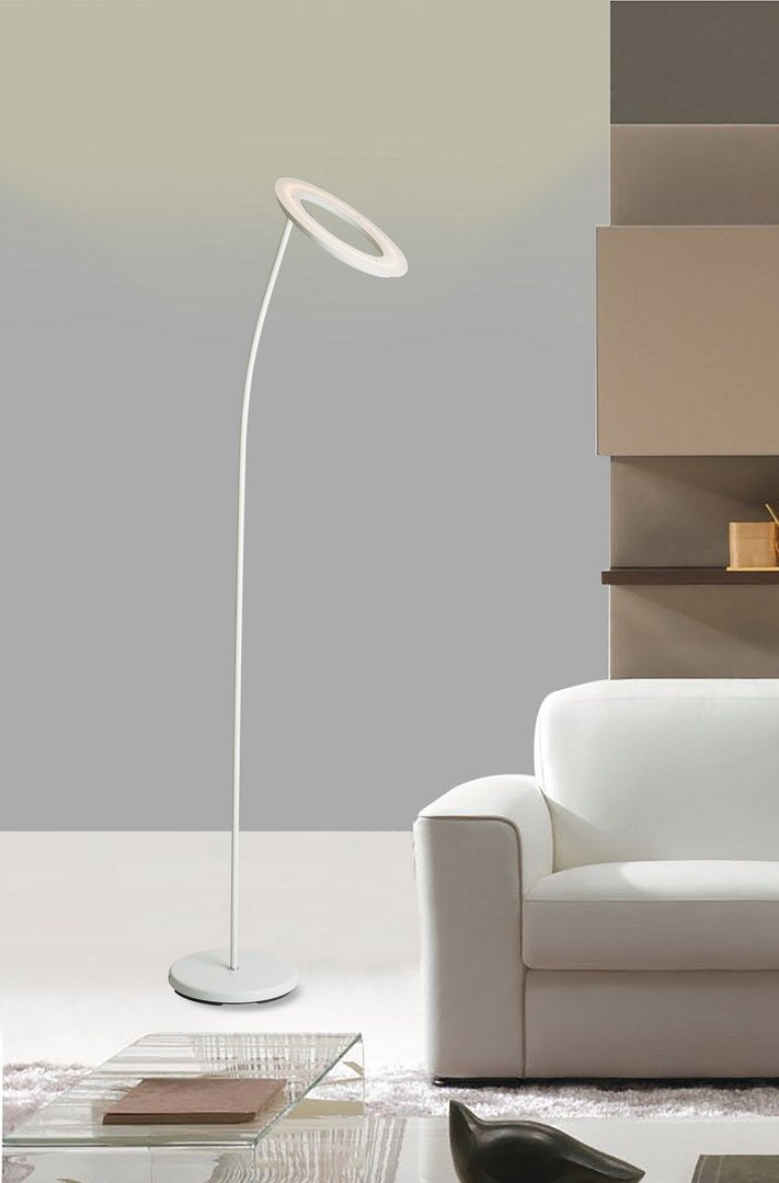 73-Inch Tall LED Torchiere Floor Lamp with Halo Shade, Metal Body, Foot Dimmer, 1900 Lumens, 3000K Matte White