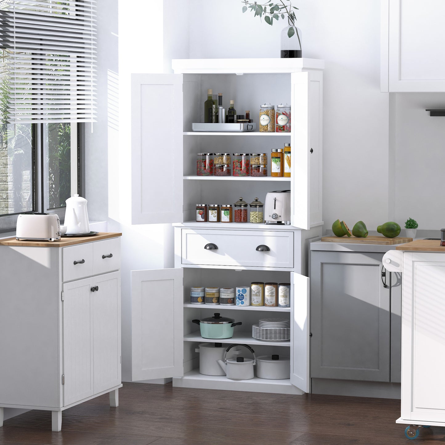 Elegant 72" White Freestanding Kitchen Pantry Cabinet with Adjustable Shelves and Drawer Storage