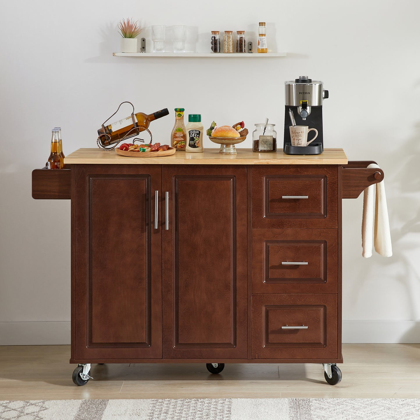 Rolling Kitchen Island Cart with Drop Leaf Tabletop and Storage, Retro Brown Barn Door Design on Wheels