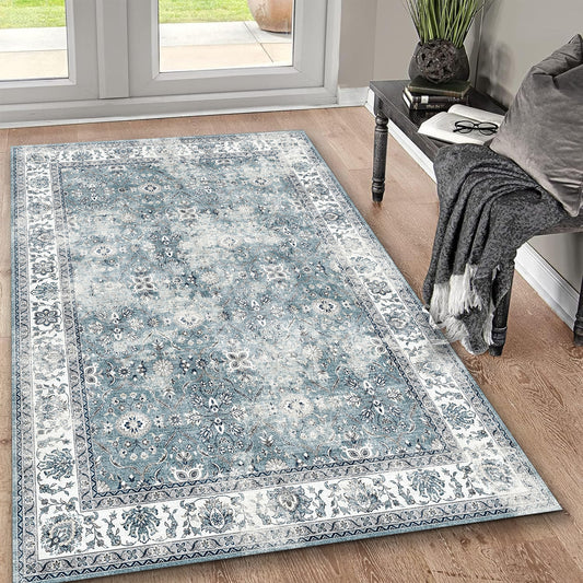 5x7 ft Machine-Washable Non-Slip Area Rug for High-Traffic Rooms & Entryways, Low-Pile Polyester Silver
