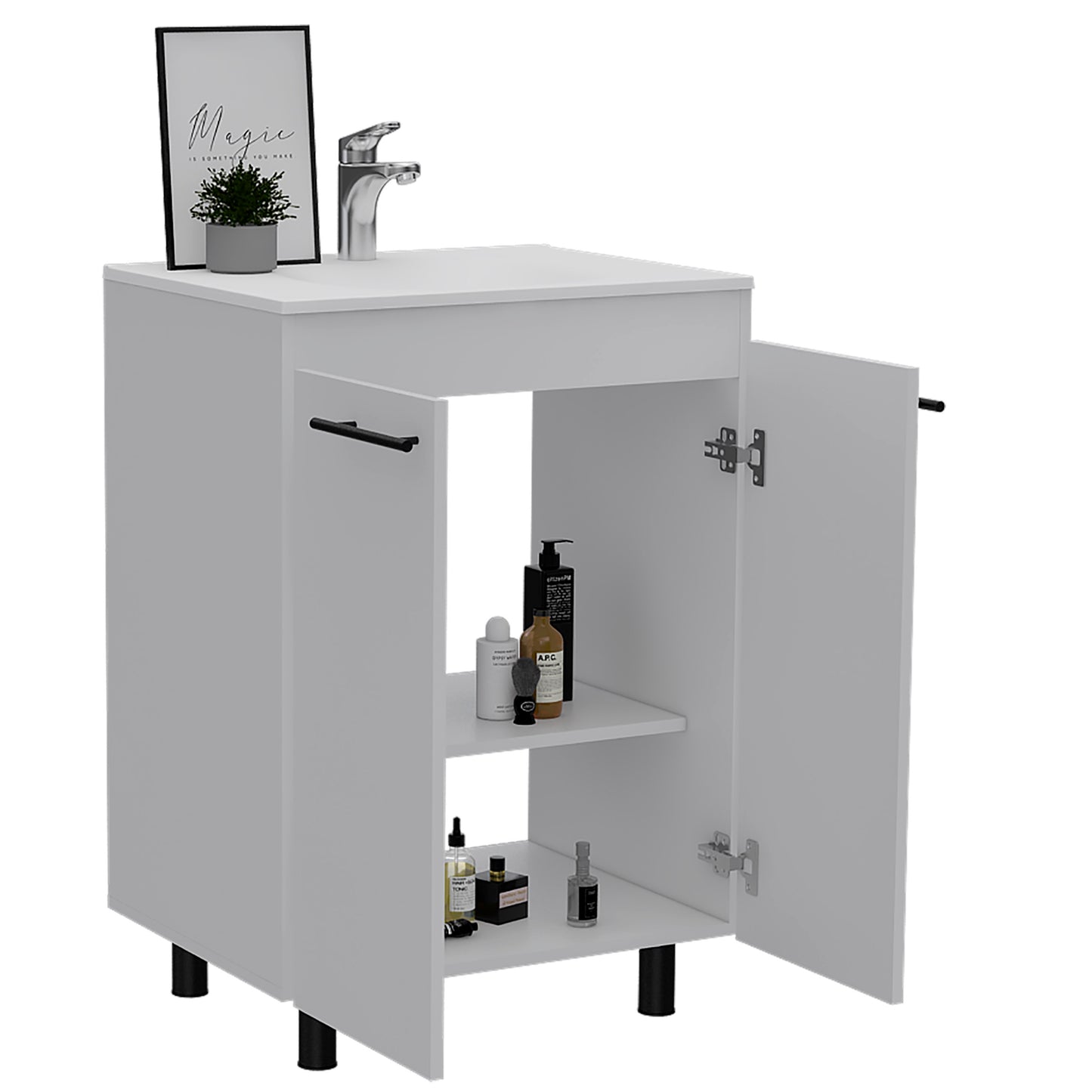 Modern 24" Free Standing White Bathroom Vanity with Double Doors and Two Shelves
