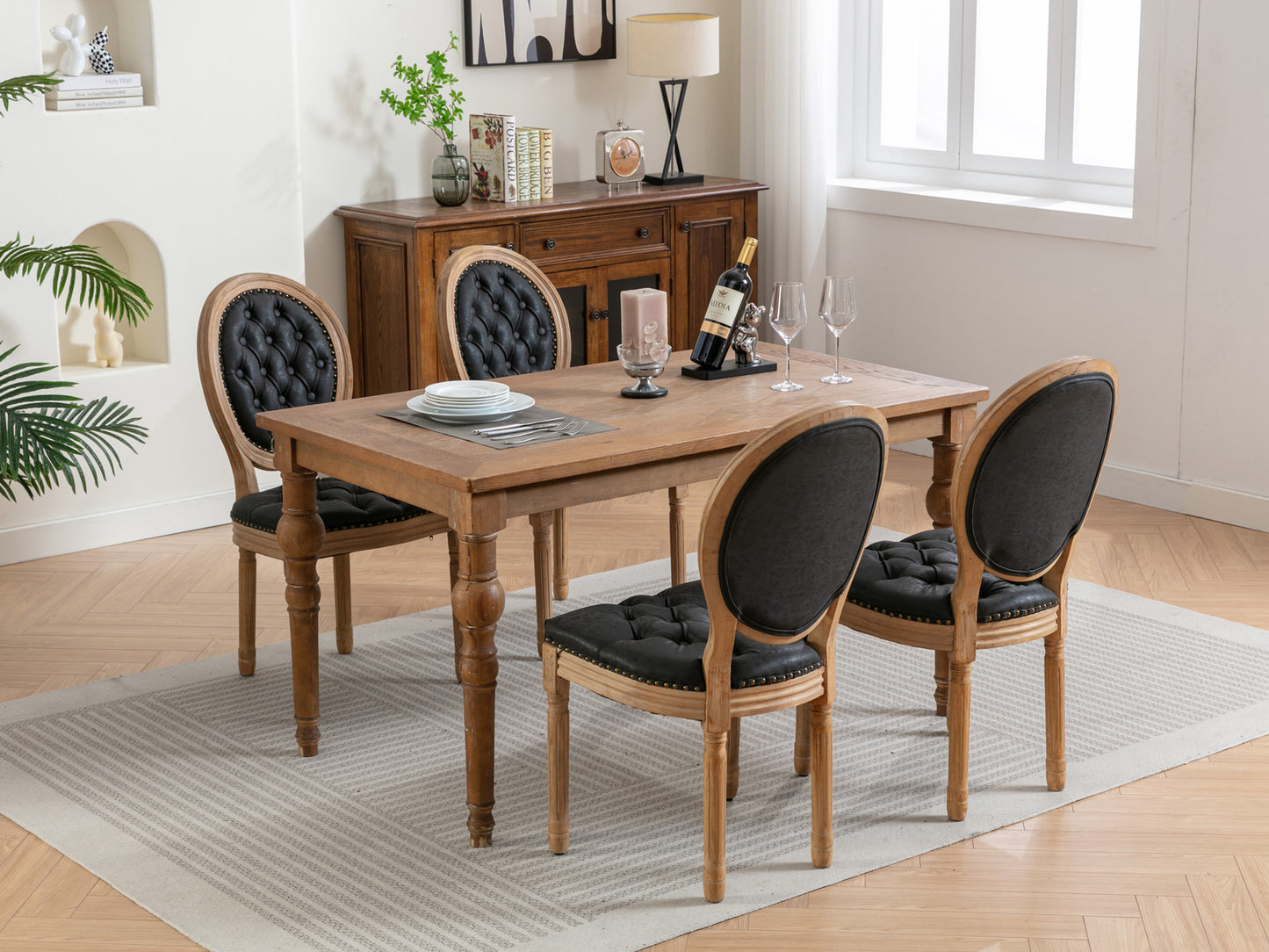 French Style Solid Wood Frame Dining Chairs Set of 2 with PU Leather, Nailhead Trim, Rubberwood, Black